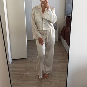 Abercrombie & Fitch Cream Lace-Trim Wide-Leg Pajama Set